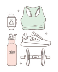 Hand-drawn vector illustration. A set of items. Sports, training, health care. Sports bra, sneakers, smartwatch with lettering "go run", bottle. Linear icons in a minimalist style, fashion sketch.