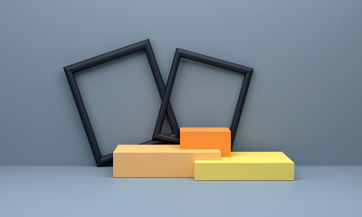 3 square plinths on a black-framed background. For use as an added value of luxury goods. Scene stage mockup showcase for product, sale, banner, presentation, cosmetic, offer.