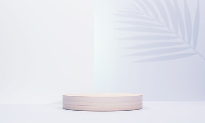 Obraz na płótnie Canvas Large circular wooden podium on a background with palm leaf shadows behind in a relaxed feeling. scene stage mockup showcase for product, sale, banner, presentation, cosmetic, offer.