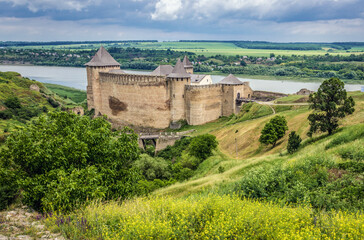 Fototapeta na wymiar Aerial view with Khotyn Fortress, fortification complex in Khotyn town, Ukraine