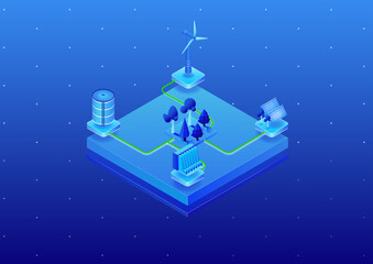 Concept of preserving nature by using renewable energy as 3D isometric vector illustration. Electricity generated by wind turbine, solar panel and water