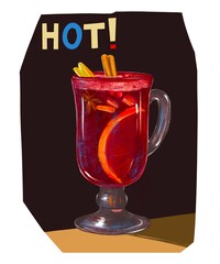 Hand drawn illustration poster of hot classic red mulled wine on dark black background. Glass of Alcoholic cocktail with seasoning and fruits.Pastel chalk style drawing sketch.Seasonal winter drink.