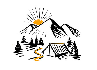 Sketch nature with mountains and camping. Design for textile, fabrics, graphics, prints, t-shirts.