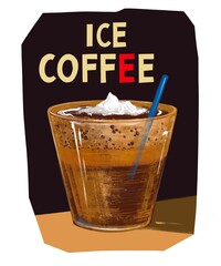Drawing Iced coffee with ice cream in glass on dark black background. Poster, card, banner,menu,restaurant, bar,cafe illustration. Hand drawn sketch in pastel chalk style. Cold brew iced coffee glace.