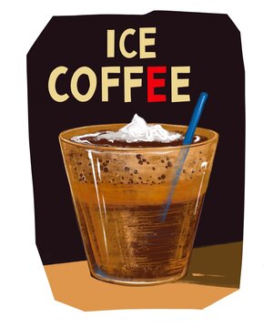 Drawing Iced Coffee With Ice Cream In Glass On Dark Black Background. Poster, Card, Banner,menu,restaurant, Bar,cafe Illustration. Hand Drawn Sketch In Pastel Chalk Style. Cold Brew Iced Coffee Glace.