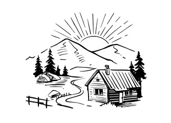 Landscape with large mountains vector. Nature sketch with house. Hand drawn ink illustration