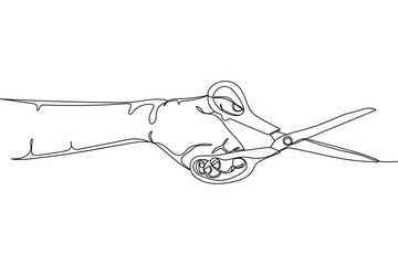 Continuous one line of hand holding scissors in silhouette on a white background. Linear stylized.Minimalist.