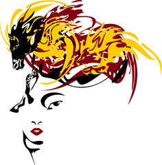 Beautiful girl face with long hair in form of a horse. The unusual abstract face of a girl in a sketchy version with hair from a running horse on a white background for your creative ideas