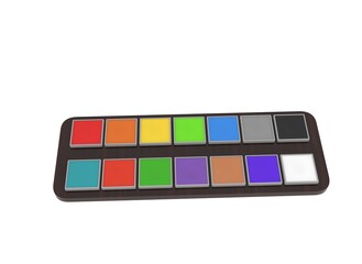 3D image of watercolour paint set. Rended illustration of paint box.