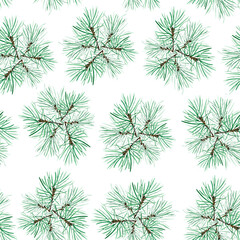Pine snowflakes watercolor seamless pattern. Template for decorating designs and illustrations.