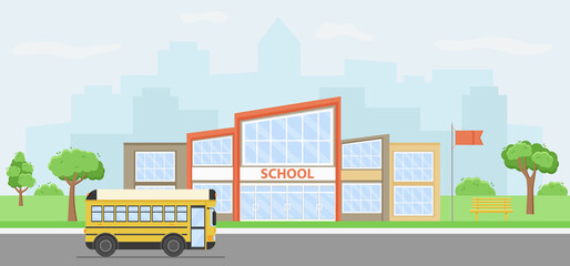 Background for banner back to school. Summer cityscape with school building and yellow bus.