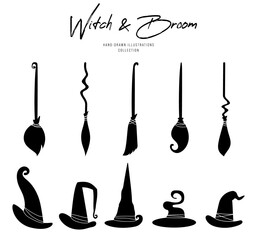 Witch hat and broom silhouette for Halloween.