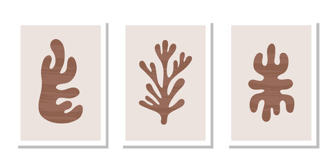 Fototapeta premium Modern set posters with abstract brown organic textured shapes on pastel background. Contemporary minimal wall art decor. Matisse vector prints 