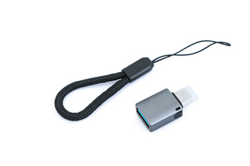 New USB-C or USB Type-C adapter kit for mobile phones on white background. Digital technologies and objects.