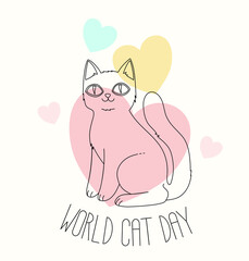 World Cat Day Cute Postcard. Vector illustration