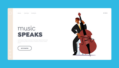 Instrumental Concert Landing Page Template. Musician Character Playing Contrabass or Cello String Instrument on Scene