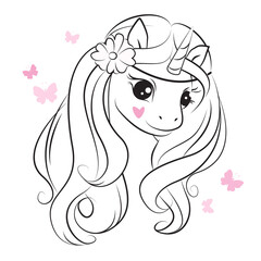 Art. Coloring.  Hand drawn illustration of cute little unicorn .Fashion illustration drawing in modern style. Silhouette. Colorbook.  Isolated .Children background. Magic pony. Sketch animals.