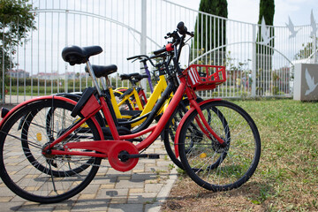 Fototapeta premium Bicycles stand in a row on a parking for rent