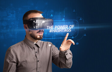 Businessman looking through Virtual Reality glasses, social media concept concept