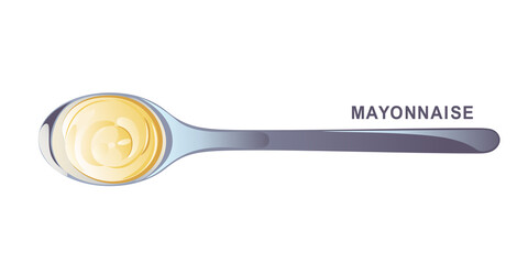 Mayonnaise in metal spoon in catroon flat style. Portion of sauce. Vector design for advertising cheese, dairy products, healthy food.