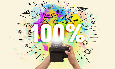 Close-up of a hand holding digital camera with abstract drawing concept