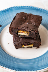 Brownie with White Chocolate Macro Close Up View.