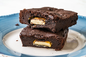 Brownie with White Chocolate Macro Close Up View.