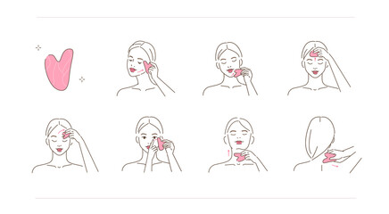 Beauty girl take care of her face and making gua sha lifting massage. Woman using jade stone for skincare procedures. Facial massage and relaxation concept.  Flat line vector illustration.