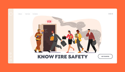 Fire Safety Landing Page Template. Fireman with Megaphone Announce Evacuation Alarm. Characters Escape Office