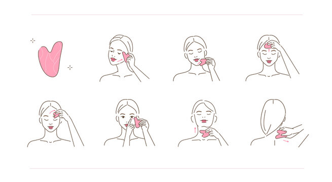 Beauty girl take care of her face and making gua sha lifting massage. Woman using jade stone for skincare procedures. Facial massage and relaxation concept.  Flat line vector illustration.