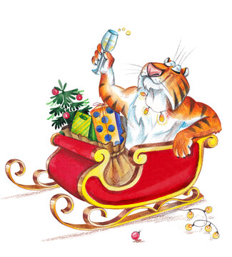 A New Year's tiger rides in Santa's sleigh with gifts ,a Christmas tree and drinks lemonade. Watercolors and colored pencils. Calendar, postcard or print.