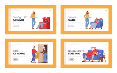 Caregiving Landing Page Template Set. Caregiver Characters Care of Elderly People Bring Food and Medicine. Social Help