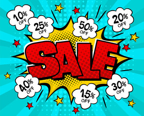Bright comic banner for discount or sale. Pop art exploison and clouds. Template for web design, flyers, banners, coupons, applications and posters. Cartoon Vector illustration