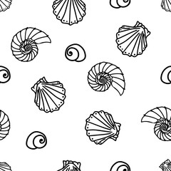 Marine seamless pattern with seashells. Hand drawn doodle style pattern for printing onto fabric and paper. Vector illustration