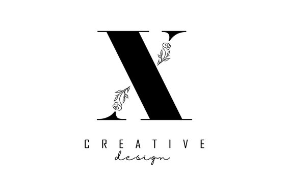 X letter logo design with black rose vector illustration.