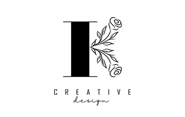 K letter logo design with black rose vector illustration.