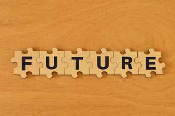 Wooden jigsaw puzzle with text FUTURE. Goals concept.