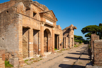 Ostia Antica Rome Italy. Archaeological site and park with brick imperial era architectural...