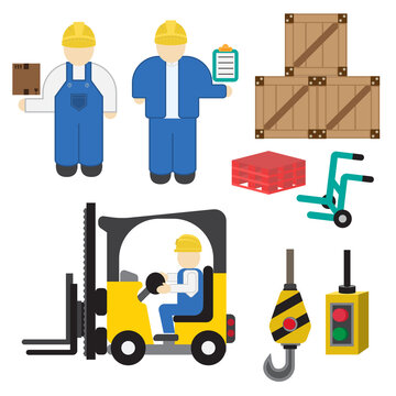 Set of cartoon characters in a flat style. Vector modern creative flat design logistics and factory set forklift, palette and wooden boxes and people. Hook in the factory and Lifting equipment.