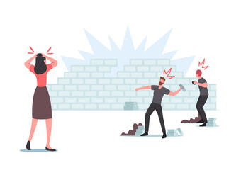 Damage, Conflict, Panic, Violence Riot, Looting, Aggressive Herd Behavior Concept. Characters Throw Stones in Brick Wall