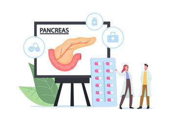 Pancreatitis Treatment Medical Concept. Tiny Doctor Characters in White Medical Robe Look on Huge Pancreas Infographics