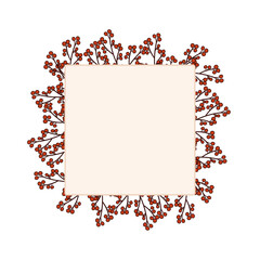 Vector cartoon template with frame or border of red berries. Branches of autumn rowan or lingonberry.