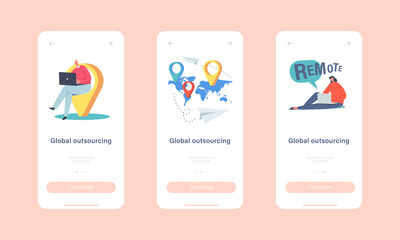 Global Outsourcing Mobile App Page Onboard Screen Template. Businesspeople Characters with Laptop Sitting at World Map