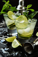 Cocktail   or fruits   lemonade in  glasses with  mint leaves,  selective focus