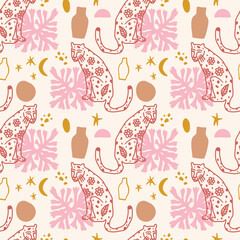 Materiał do szycia Abstract leopard cat seamless pattern, wild cats doodle drawings.