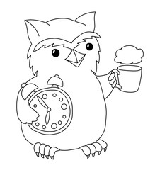 The outline of owl holding a mechanical alarm clock and a mug with a cloud of steam. Cartoon hand drawn illustration.