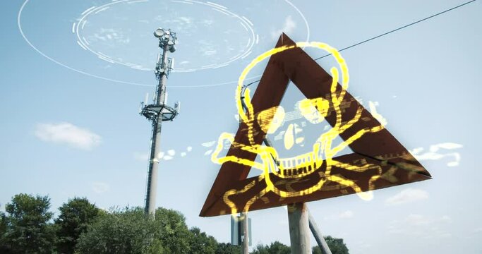 Dangerous EMF Radiation Communication 5G 6G Tower. Warning sign cellular signals, harmful network