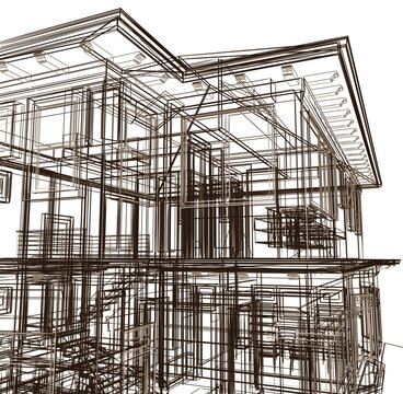 Modern architecture building house sketch. 3d render
