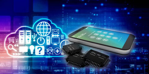 3d rendering microchips with mobile phone
