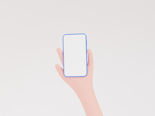 Close up cartoon style hand holding a smartphone with touch screen blank or white for digital design advertising, on white background 3d rendering illustration